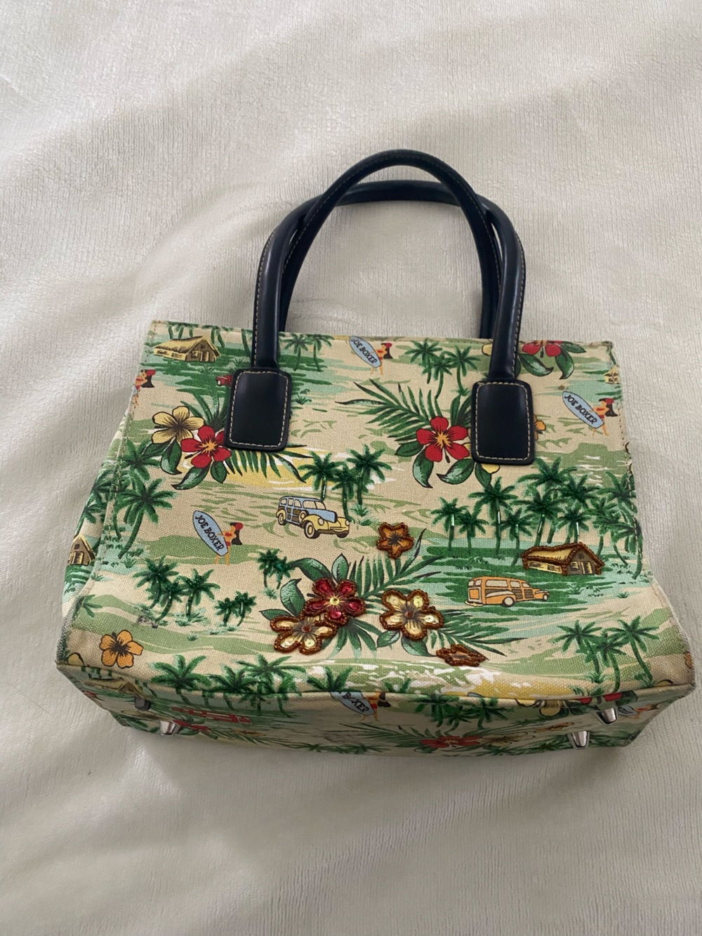 Joe Boxer Green Tropical Canvas Shoulder Bag with Black Handles